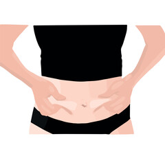 Women touch fat on the belly with excessive weight. loose and excess skin on the abdomen.