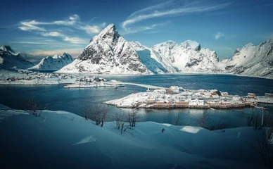Foto auf Acrylglas Reflection Scenic image of Norway nature in winter sunny day. Snowcapped mountains, perfect blue sky reflected in water north fjord. Impressively beautiful Scenery of Lofoten islands. Beauty of nature concept