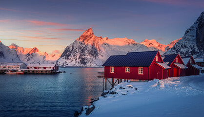 Scenic photo of winter fishing village at sunset. Stunning nature background. Picturesque Scenery of Reinefjord one most popular place of Lofoten islands with colorful sky. Norway. ideal resting place