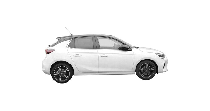 WHITE OPEL CORSA SIDE VIEW ISOLATED ON WHITE, OPEL CORSA CAR PNG TRANSPARENT 