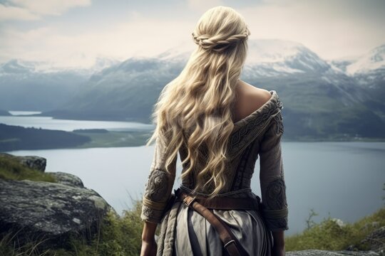 Viking warrior woman from the back, Nordic landscape in the background. Generative AI