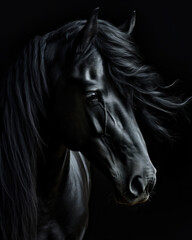 Fototapeta na wymiar Generated photo-realistic portrait of a Friesian black horse with developing mane