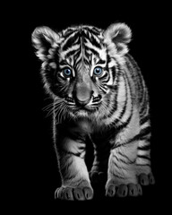 Obraz premium Generated photorealistic image of a tiger cub in full growth in black and white format