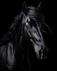 Generated photorealistic portrait of a Friesian black horse