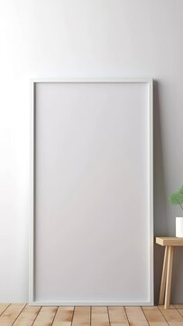 Video mockup, picture frame blank template, poster print wooden frame mock up, artwork painting photo presentation, vertical, living room, minimalist aesthetic