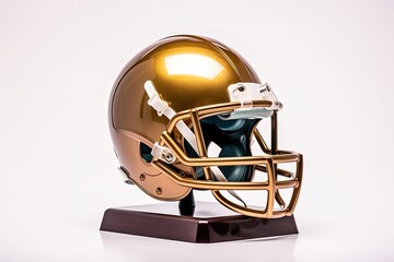 Fototapeta premium Golden trophy with American football helmet, white background. Generative AI