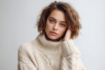 Medium shot portrait photography of a beautiful girl in her 20s wearing a cozy sweater against a pearl white background. With generative AI technology