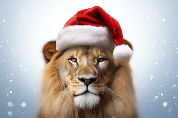 Lion with Santa hat, christmas concept. Generative AI