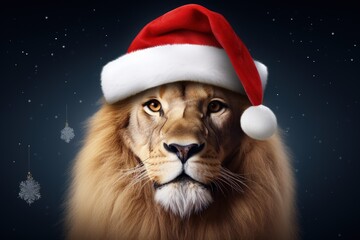 Lion with Santa hat, christmas concept. Generative AI