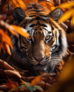 Generated photorealistic image of a crouching tiger in the autumn forest