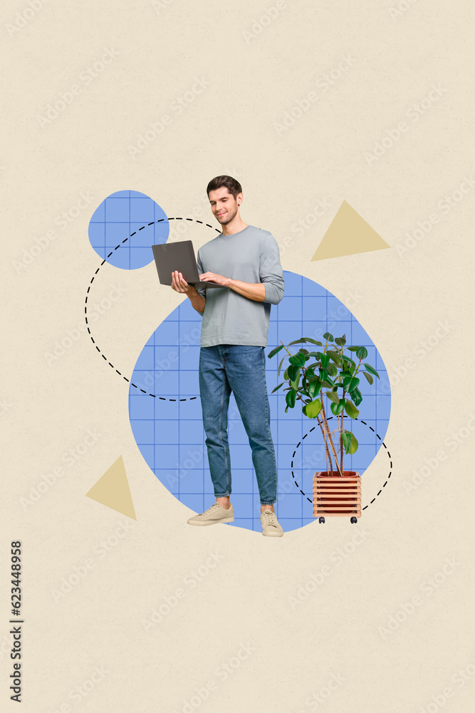 Aufkleber Vertical collage image of positive intelligent guy hold use netbook networking houseplant isolated on drawing creative background