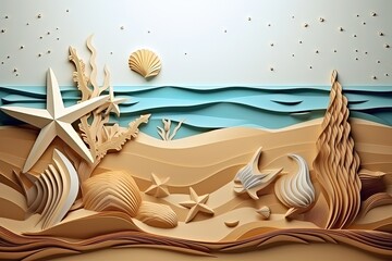 Obraz premium Background with beach, starfish, stars and shells. Generative AI