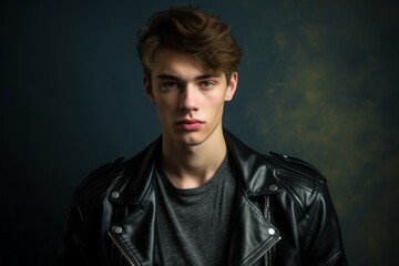 Medium shot portrait photography of a beautiful boy in his 20s wearing a trendy leather jacket...