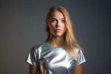 Fototapeta premium Medium shot portrait photography of a glad girl in her 20s wearing a casual t-shirt against a metallic silver background. With generative AI technology