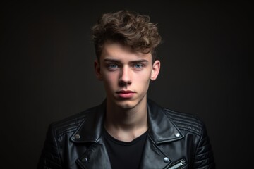 Obraz premium Medium shot portrait photography of a beautiful boy in his 20s wearing a trendy leather jacket against a metallic silver background. With generative AI technology