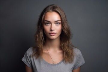 Fototapeta premium Medium shot portrait photography of a glad girl in her 20s wearing a casual t-shirt against a metallic silver background. With generative AI technology