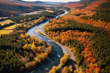 Obraz premium aerial top view autumn river, autumn forest landscape