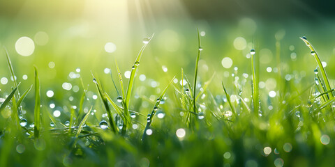 Fresh morning dew on grass.  Dancing with Dewdrops A Glimpse of Nature's Serenity
Awakening with...