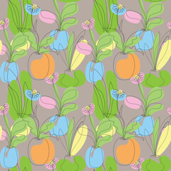 Botanical seamless background with flowers, branches and leaves of plants in vases drawn in a one line. Floral design in orange and green colors for banners, prints, wall art and home decor.