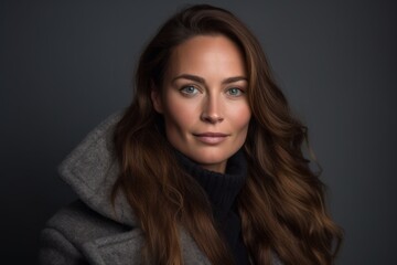 Headshot portrait photography of a satisfied girl in her 30s wearing a cozy winter coat against a cool gray background. With generative AI technology