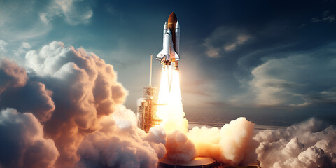 Space shuttle rocket launch in the sky and clouds to outer space sky  Journey Beyond Earth: Space...