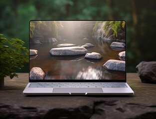 laptop mockup template with display screen with nature wallpaper, generative ai