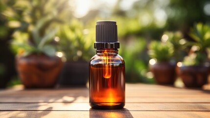 Amber glass bottle with no label and natural wooden and nature background Generative AI Illustration