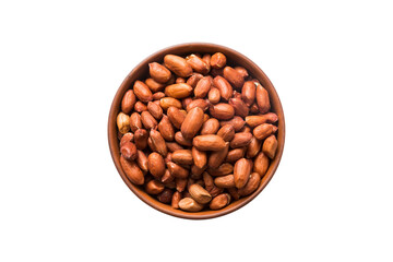 Roasted almonds in bowl isolated on white background. almonds is snack or raw of cook. Healthy food concept