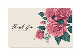 Thank you card template with watercolour pink roses. For wedding invitations, addition to a gift. Vector