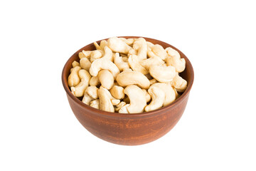 Roasted cashew nut in bowl isolated on white background. Cashew nut is snack or raw of cook. Healthy food concept