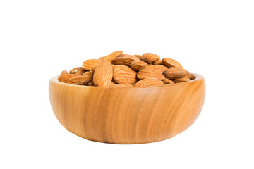 Roasted almonds in bowl isolated on white background. almonds is snack or raw of cook. Healthy food concept