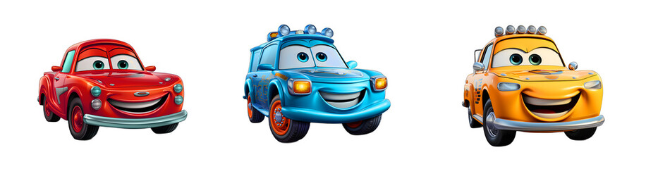 Set of happy smiling cars, cartoon character, collection of funny multicolored cartoon cars, ai generated