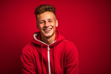 Lifestyle portrait photography of a grinning boy in his 20s wearing a comfortable tracksuit against a ruby red background. With generative AI technology