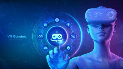 Virtual reality 3D gaming. VR and AR game technology futuristic concept. Girl wearing VR headset glasses touching digital interface with Gaming icon. Metaverse technology. Vector illustration.