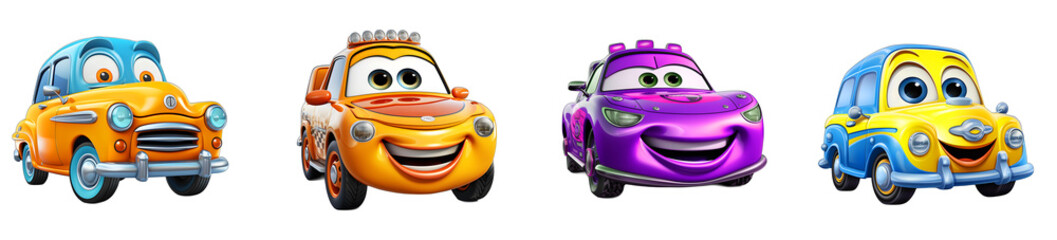 Set of happy smiling cars, cartoon character, collection of funny multicolored cartoon cars, ai generated