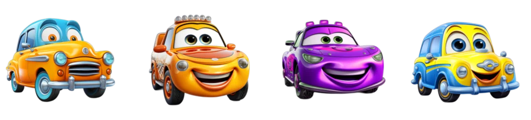 Photo sur Plexiglas Voitures de dessin animé Set of happy smiling cars, cartoon character, collection of funny multicolored cartoon cars, ai generated