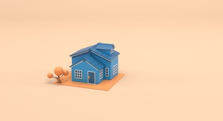 Autumn, snow, seasons, house with tree representing autumn, passing of the season, flyer for ads, investment, dream house (3d illustration)