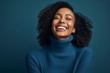 Lifestyle portrait photography of a joyful girl in her 30s wearing a classic turtleneck sweater against a sapphire blue background. With generative AI technology