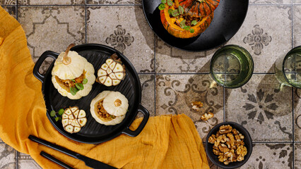 Fresh autumn pumpkin risotto. Healthy vegan, vegetarian eating, comfort food. Top view