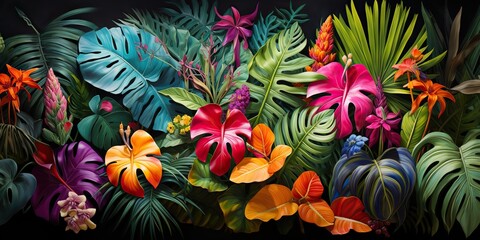 AI Generated. AI Generative. Notanical herbal exotic tropical plants herbs flowers botanical foliage background nature jungle lanfscape. Graphic Art - obrazy, fototapety, plakaty