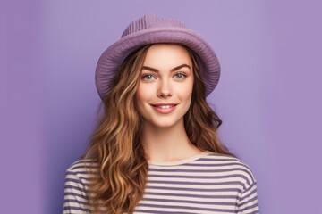 Medium shot portrait photography of a glad girl in her 20s wearing a cool cap against a lilac purple background. With generative AI technology