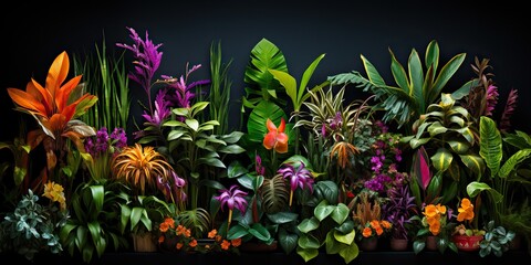 AI Generated. AI Generative. Notanical herbal exotic tropical plants herbs flowers botanical foliage background nature jungle lanfscape. Graphic Art