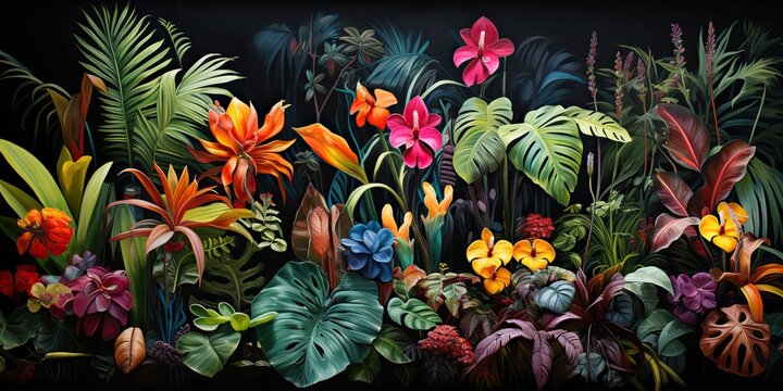 AI Generated. AI Generative. Notanical herbal exotic tropical plants herbs flowers botanical foliage background nature jungle lanfscape. Graphic Art