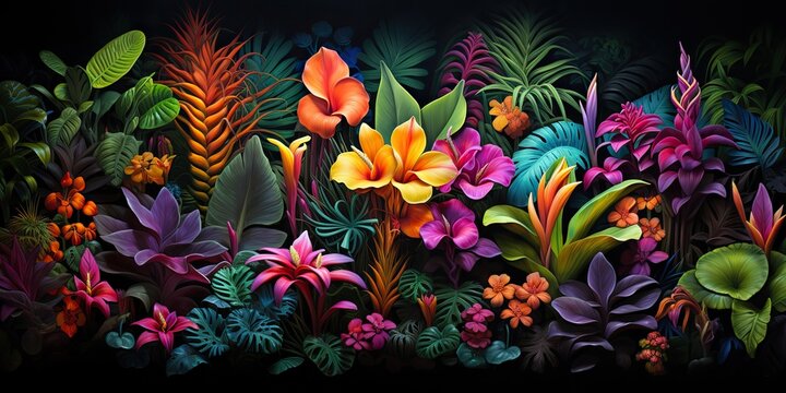 AI Generated. AI Generative. Notanical herbal exotic tropical plants herbs flowers botanical foliage background nature jungle lanfscape. Graphic Art