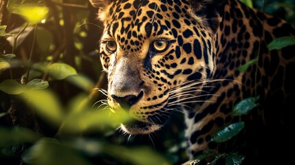 Fototapeta premium Close up portrait of a leopard in the Amazon forest, Generative AI
