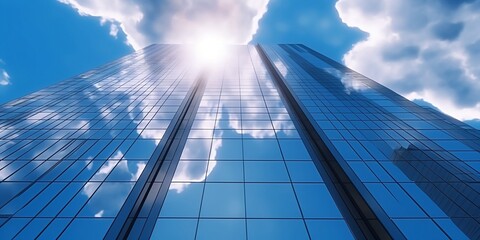 Obraz na płótnie Canvas Reflective skyscraper business office buildings. Bottom up view of big modern city urban landscape. Finest generative AI