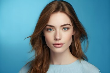 Fototapeta premium Close-up portrait photography of a satisfied girl in her 20s wearing a simple tunic against a cerulean blue background. With generative AI technology
