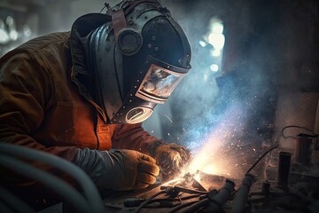 Fototapeta premium Welder in protective mask welds metal with a arc welding machine