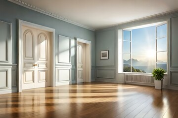 Obraz premium Empty room interior with arch entrance. Modern 3d living room, office or gallery with wooden floor, shadows and sun light from window on wall, realistic illustration.