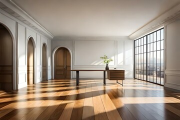 Obraz premium Empty room interior with arch entrance. Modern 3d living room, office or gallery with wooden floor, shadows and sun light from window on wall, realistic illustration. Modern living room.